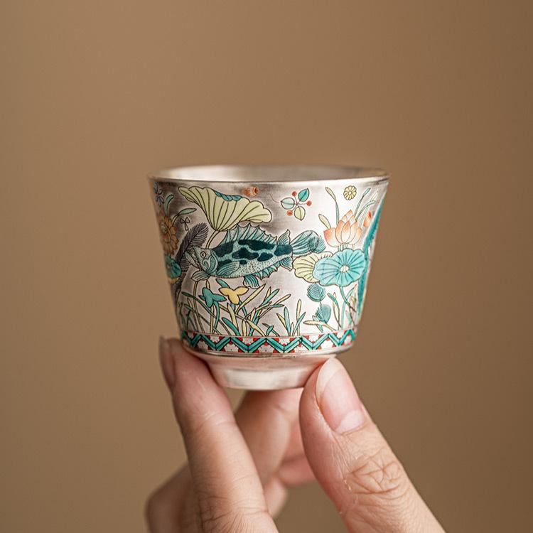Plating Silver Ceramics Teacup Hand-painted Fish Master Cup Retro Tea Bowl Chinese Kung Fu Teaset Drinkware Teaware Tea Ceremony