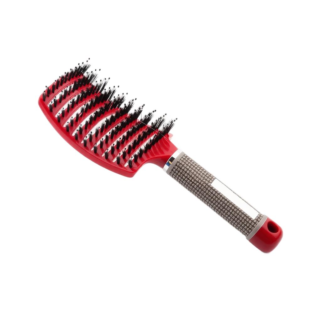Curved Paddle Hair Brush with Boar Bristles Anti Static Detangling Styling Brush for Straight and Curly Hair Plastic Handle Nine Row Massage Comb