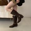 2025 Herbst und Winter neue Zwei-Wege-Damenstiefel Western-Cowboystiefel dicker Absatz Wildleder spitze Stiefel Damen Gürtelschnalle Schaft