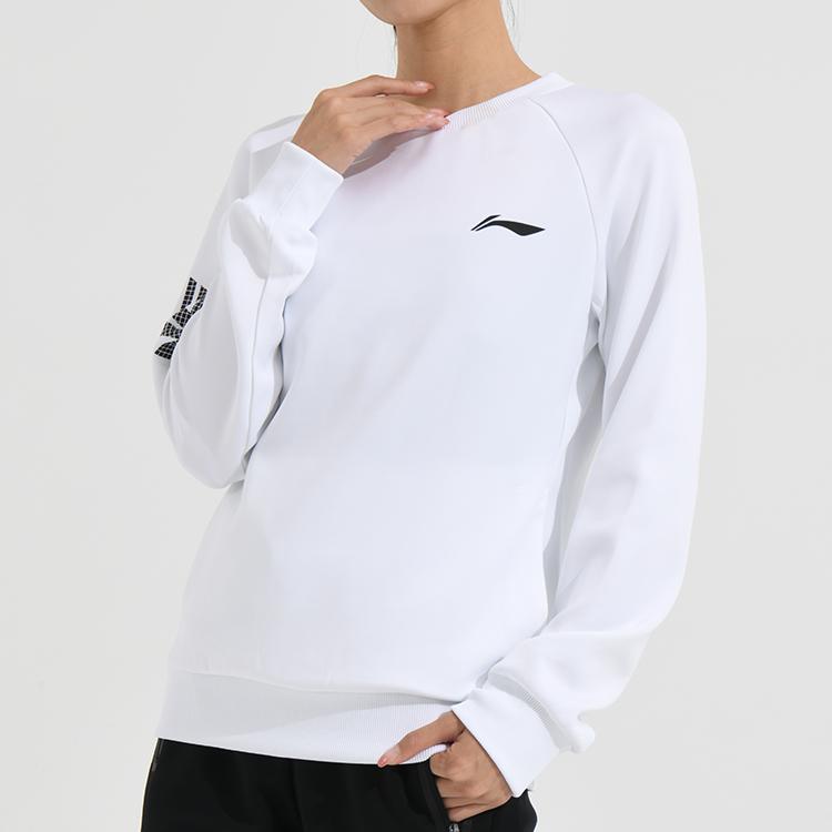Li Ning Seria Badmintona Logo Boczne Sweter Sportowy Casual z Okrągłym Dekoltem i Długim Rękawem Bluza Damska Standard-Biały AWDSD44-2