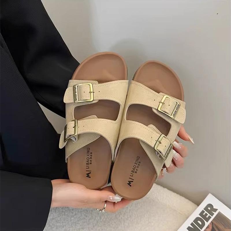 

Крутые тапочки женские с ремешком и квадратной пряжкой на толстой подошве, новинка весна-лето 2025, пляжные тапочки, женские сандалии 37 бежевый