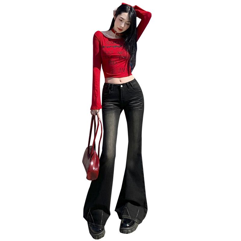 2024 Slim Fit Low-Waist Flared Jeans for Women - Floor-Length Autumn/Winter Style