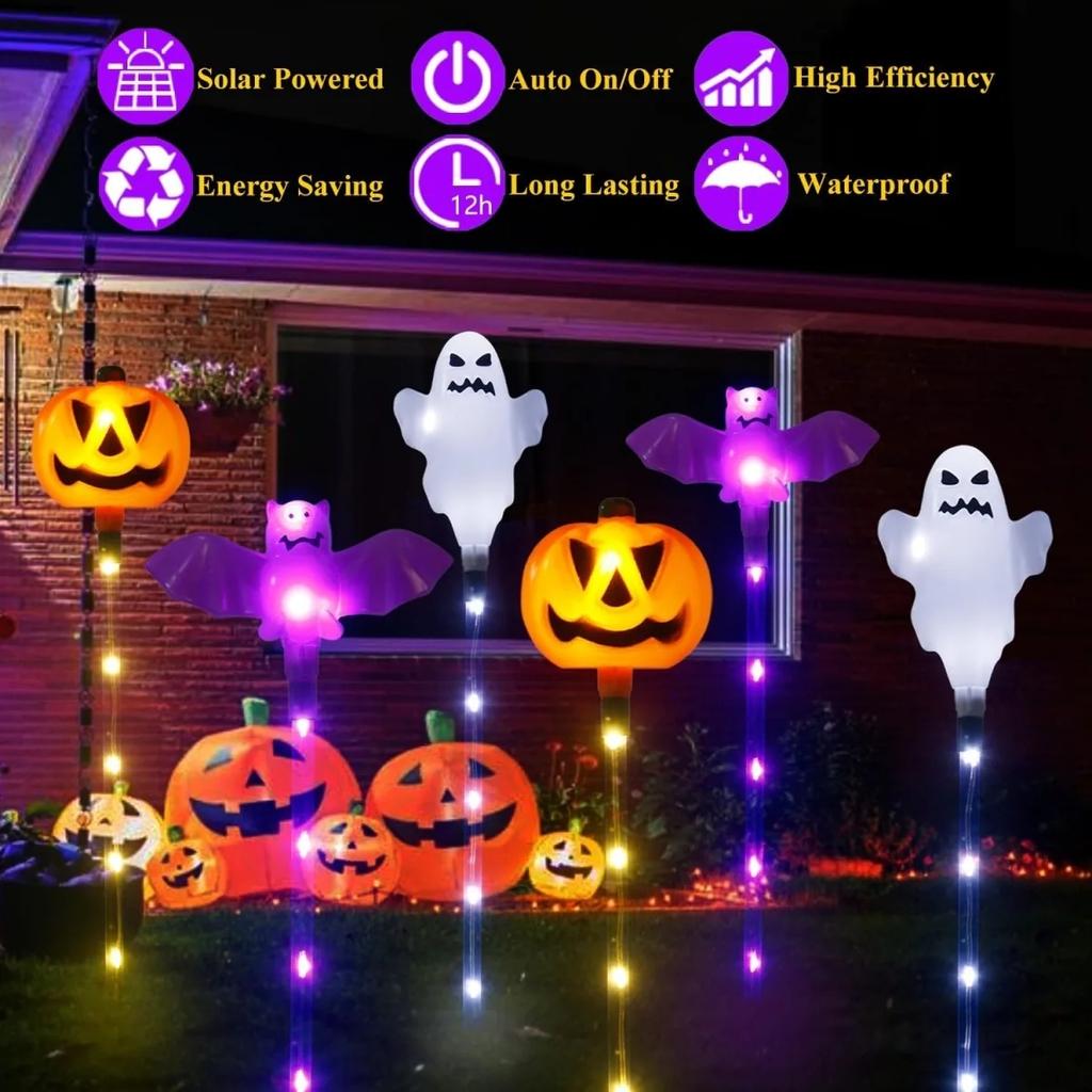Halloween Solar Powered 8 LED Pumpkin Bat Ghost Garden Stake Light Outdoor Landscape Lamp For Home Yard Halloween Decor