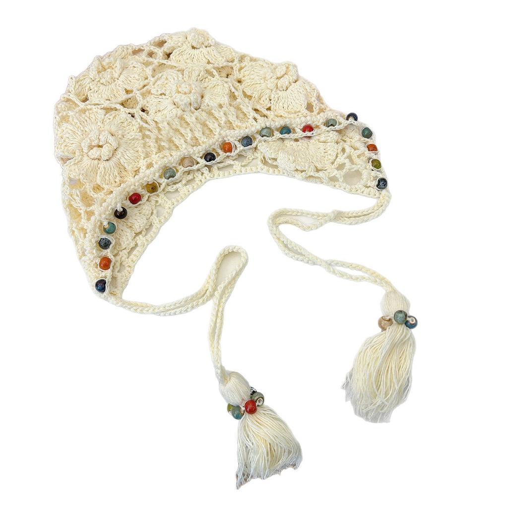 Ethnic Style Crochet Beaded Pullover Hat Children Summer And Autumn Fringed Strap Knitted Hat Retro Literary Hollow Head Hat