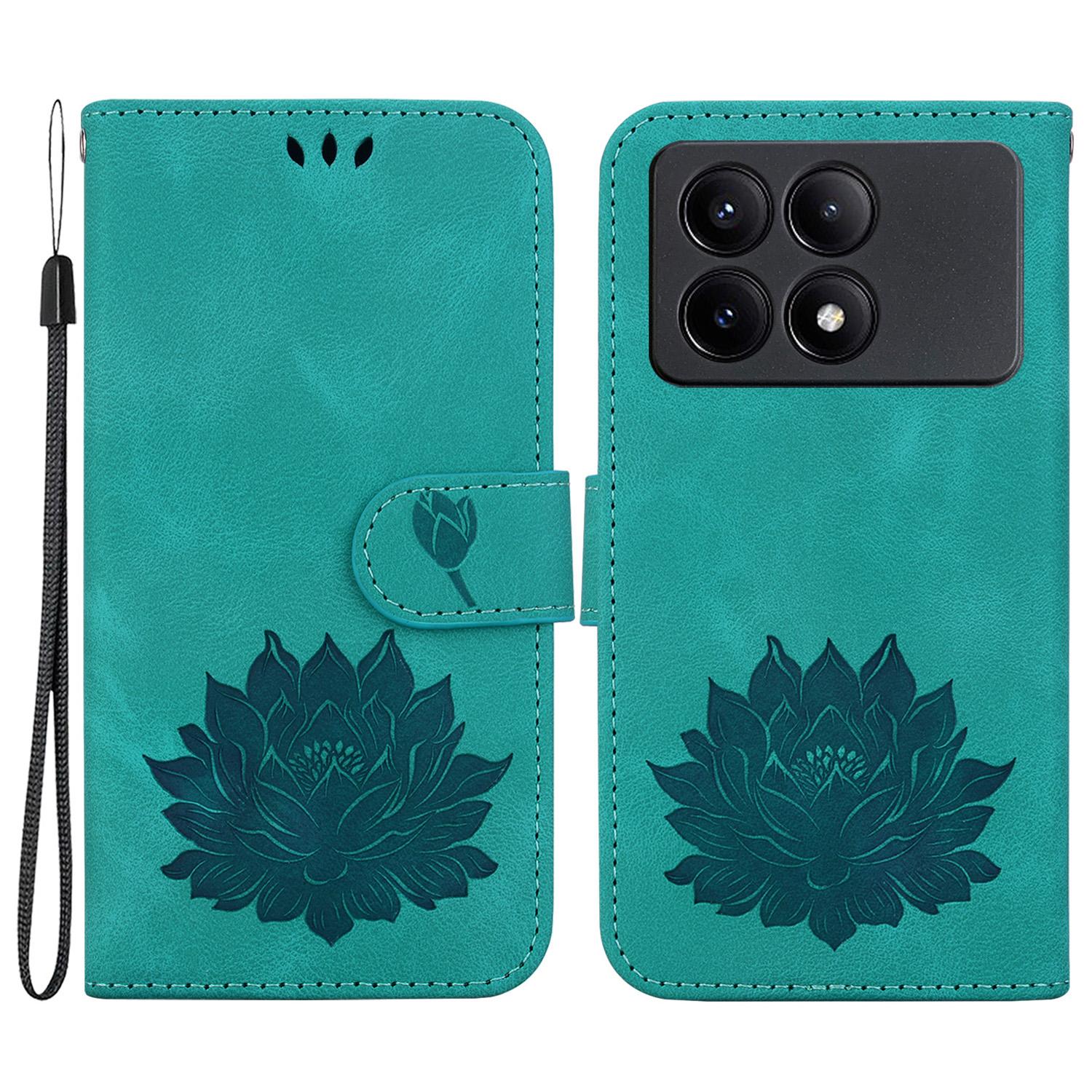 

For Xiaomi Redmi K70E 5G/Poco X6 Pro 5G Case Leather Phone Cover Stand Hand Strap Lotus Pattern Green