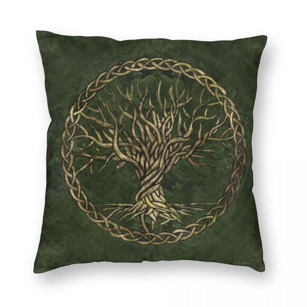 Lebensbaum Yggdrasil Grün Gold Quadratisch Kissenbezug Polyester Leinen Samt Kreativ Reißverschluss Dekoration Kissenhülle Sofakissenbezug