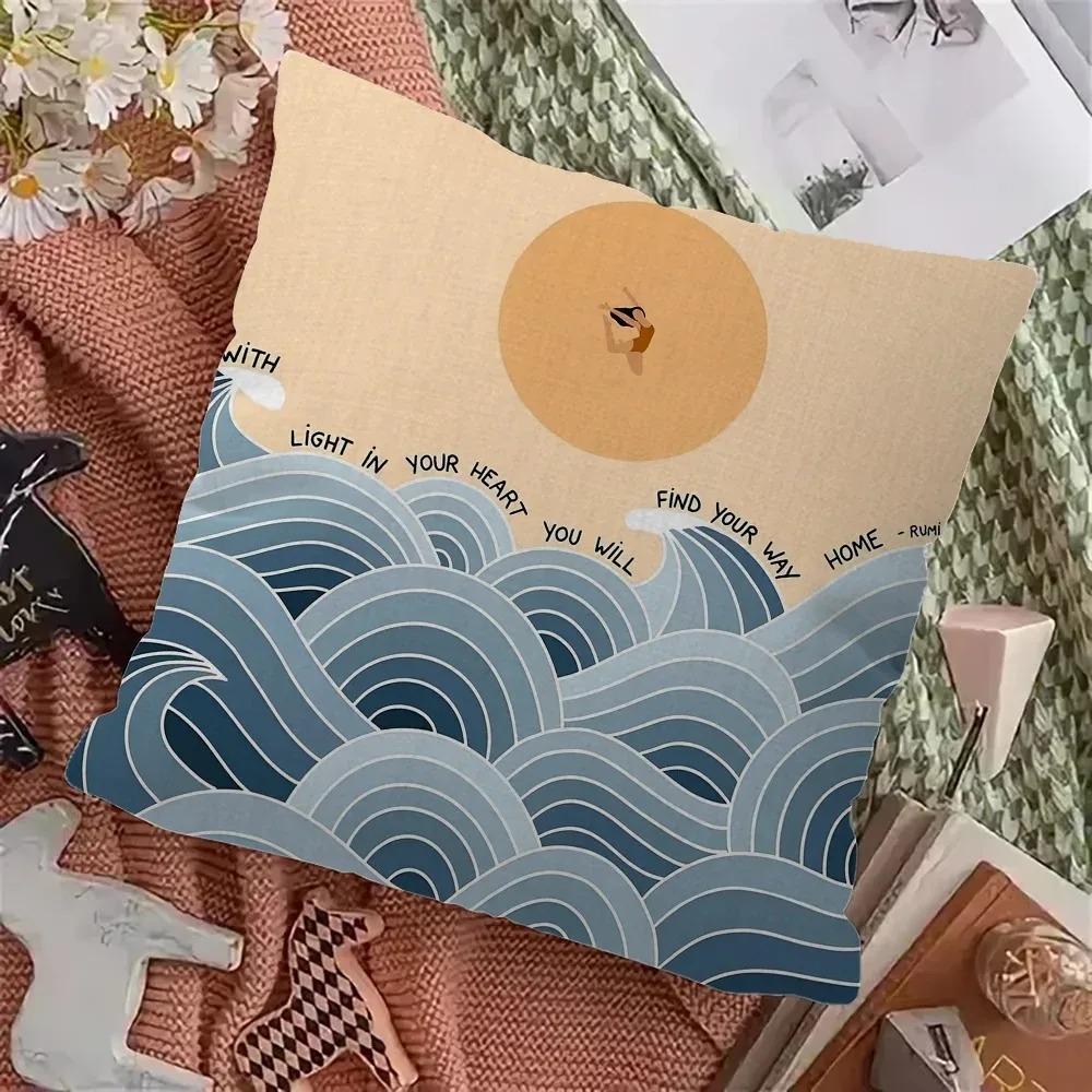 Nordic Summer Woman Art Pillow Case 2D Flat Printed Peach Skin Cushion Cover Ocean Waves Decorative Throw Pillowcase For Sofa