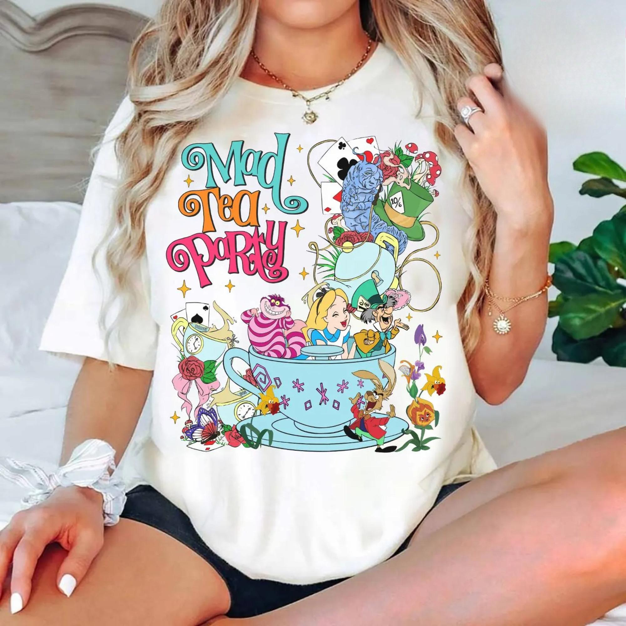 

2026 New Crazy Tea Party Alice in Wonderland Printed TShirt Womens Short Sleeve Loose Comfort Plus Size Top S
