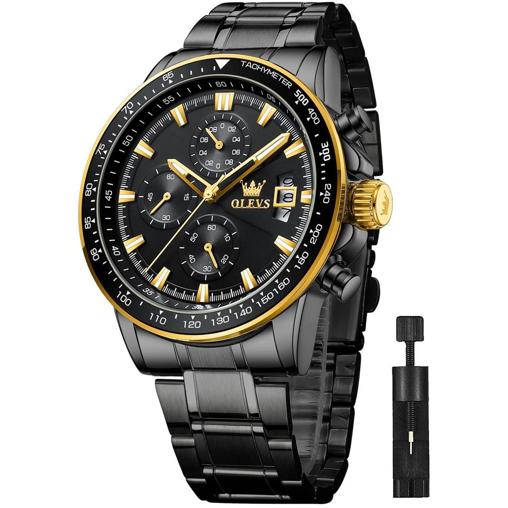 Orologio da polso OLEVS da uomo al quarzo elegante multifunzione acciaio inossidabile impermeabile luminoso data analogico maschile moda studente azienda uomo nero