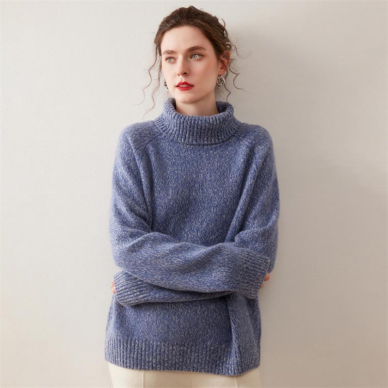 Autumn/Winter 2025 Women's Cashmere High Neck Loose Cardigan, Marled Yarn Knit, Plus Size.
