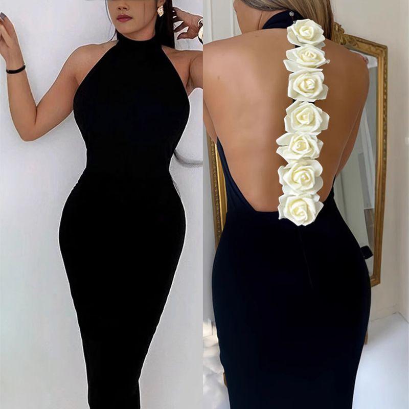 

Three-dimensional Flower Sexy Big Backless Sleeve Turtleneck Tight Guest dresses Sexy Backless Evening Gown Black S