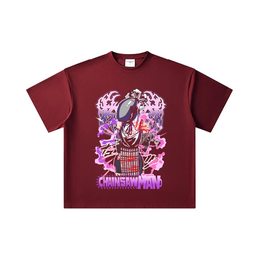 

260 GSM Double Yarn 32 Count 100% Cotton Chainsaw Man V53 Reze Print Unisex Heavy Cotton T Shirt 2XL вина червоного кольору