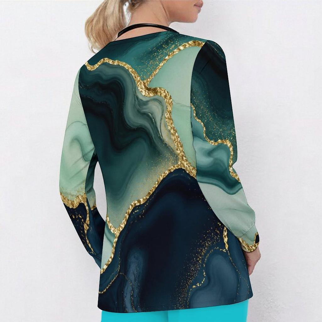 Women Plus Size Colorful Printed Nurse Scrub Top V Neck Long Sleeve With Front Pockets