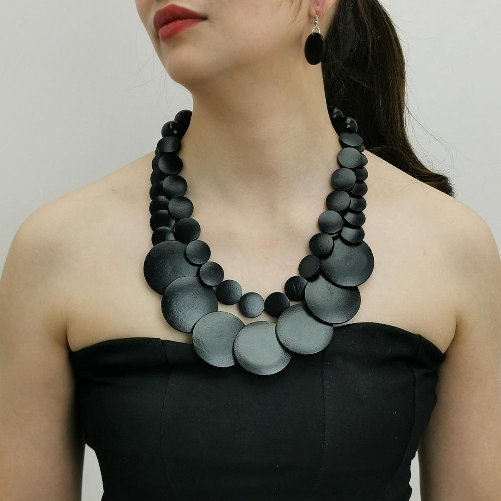 Necklace Wooden Beaded Necklace Double-layer Round Necklace Exaggerated Jewelry Set  Women