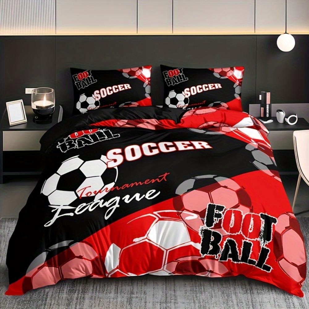 

3pcs Bedding Set Black Red Football Print Cozy Duvet Cover Set King Queen Twin Single Size Birthday Gift Adult Bedroom Decor EU Single 135x200cm