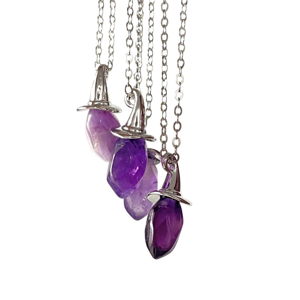 2026 New Natural Amethyst Hexagonal Pendant Necklace Witch Hat Halloween Flying Witch Collarbone Necklace for Women