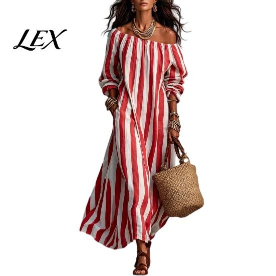 Lightweight Polyester Dress Summer Women Striped Long Dress, Off Shoulder Sleeve Casual with Side Pocket Ankle Length Loose Swing Beach