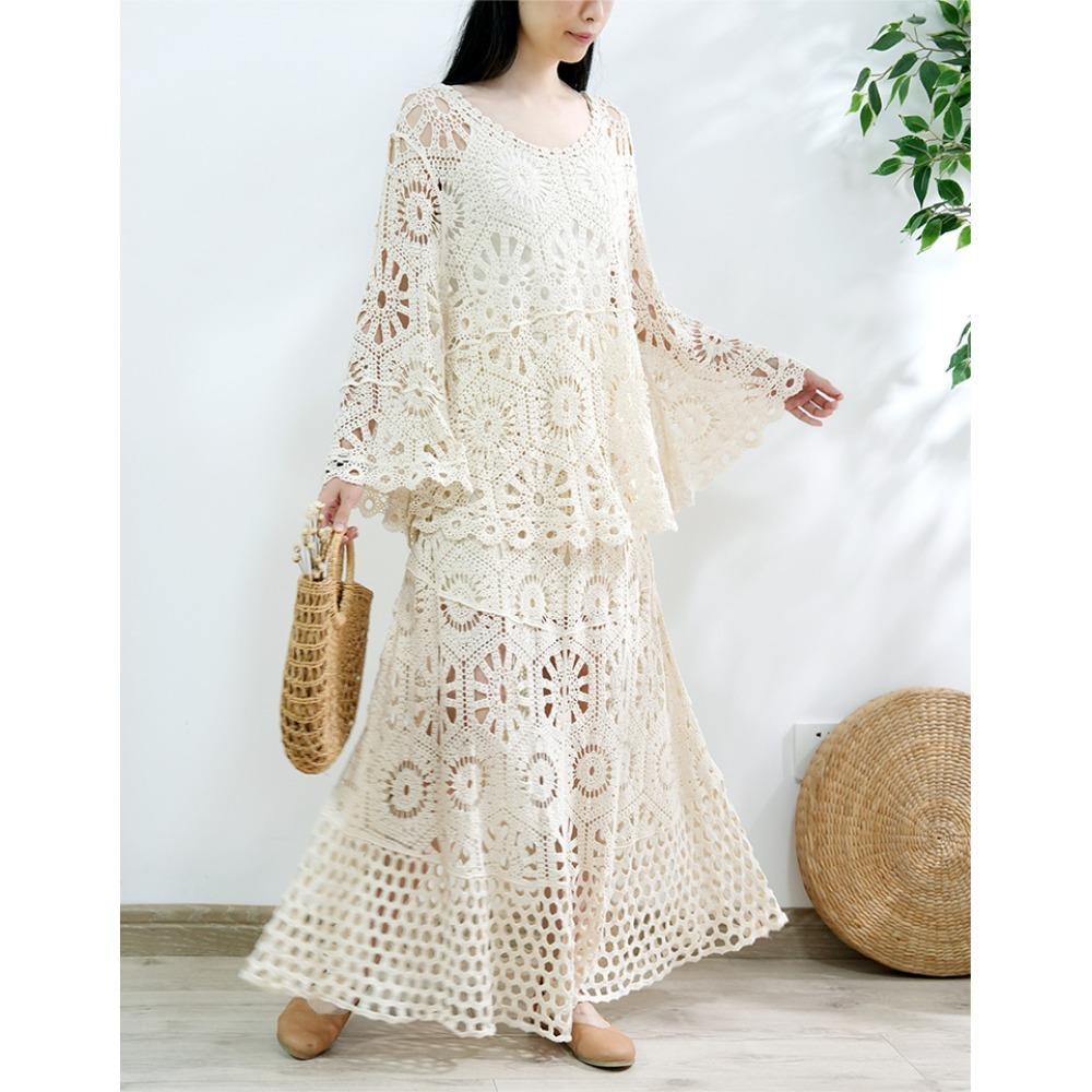DIMANAF 2025 New Skirt Suit Women  Beach Short Sleeve Lace Knitting Hollow Out Sexy O-Neck Hollow Summer Tops Tees Loose Basic