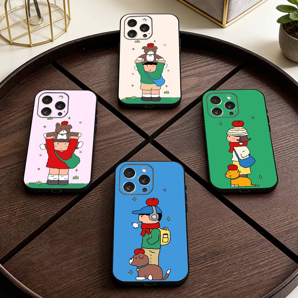 Cute Cartoon Couple Phone Case For iPhone 17,16,15,14,13,12,11 Plus,Pro Max,XS,Soft Silicone Black Cover