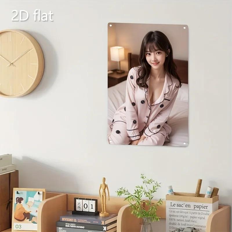 Retro Metal Wall Art, K-Drama Style Pink Polka Dot Lady Poster with Iron Frame for Home Cafe Decor