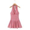 2026 Sweet Plaid Yarn-Dyed Halter V-Neck Mini Dress with Sexy Open Back