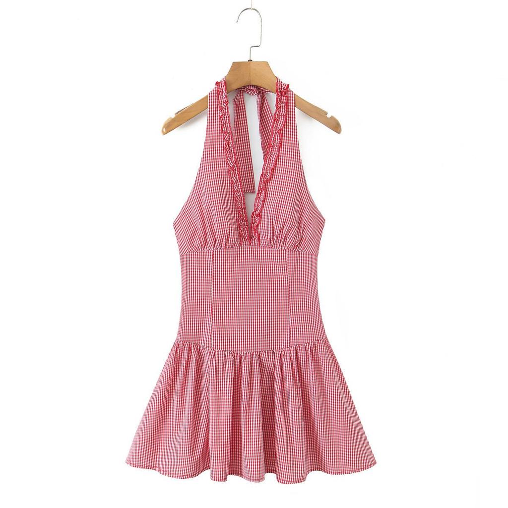 2026 Sweet Plaid Yarn-Dyed Halter V-Neck Mini Dress with Sexy Open Back