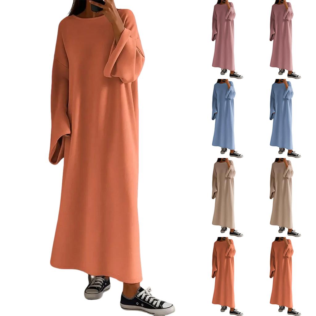 Women's Casual Loose Fashion Solid Color Round Neck Long Sleeve Knitted Long Dress