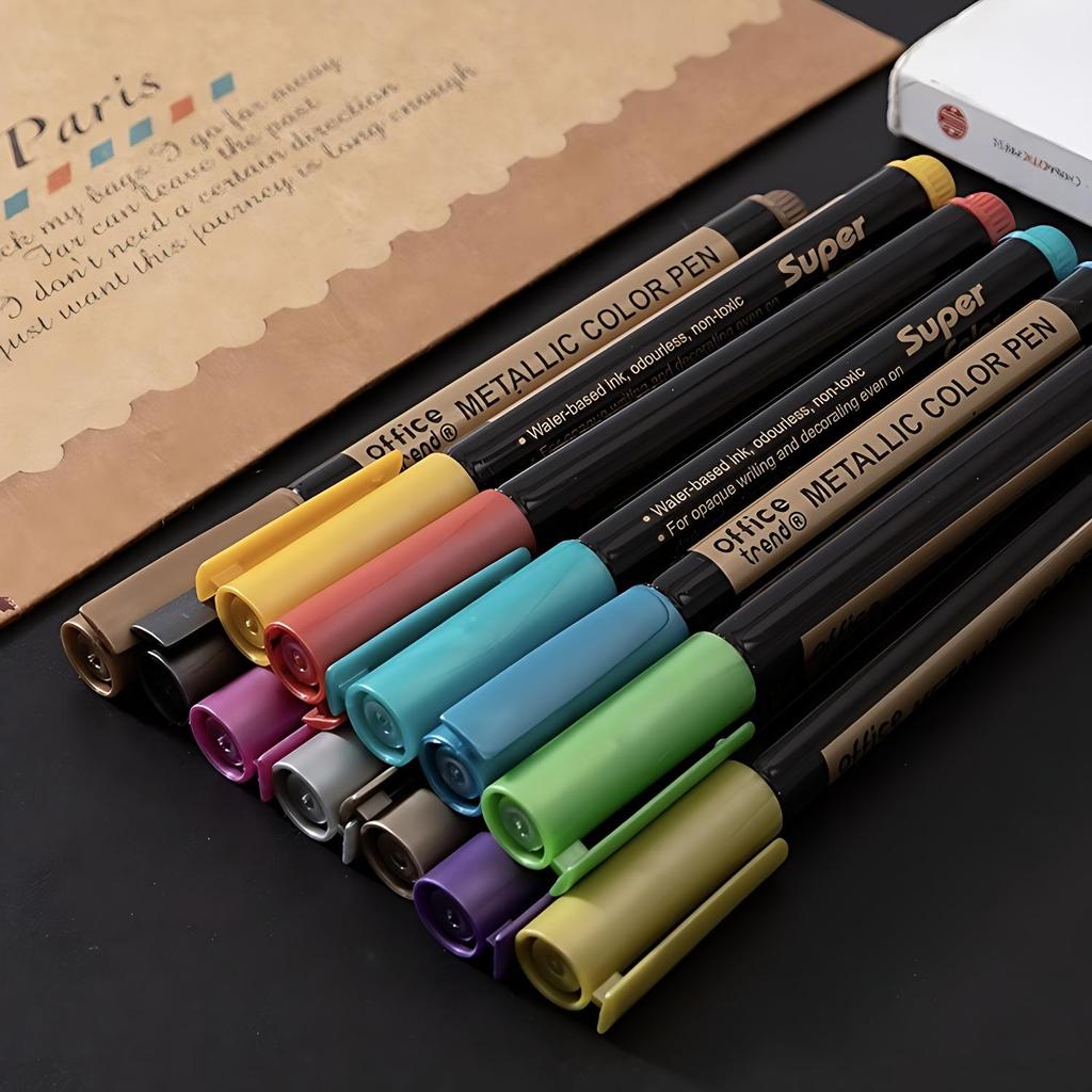 10Pcs Metal Marking Pens, Medium Point Metallic Marker Pens for Rock Painting, Black Paper, Card Making, Scrapbook & DIY Crafts