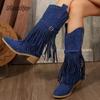 Fashion Autumn Winter Women Fringes Thick Mid Heel Boots Suede Pointed Toe Outdoor Fashion Cowboy Mid-Calf Boots Botas Para Mujer Size43