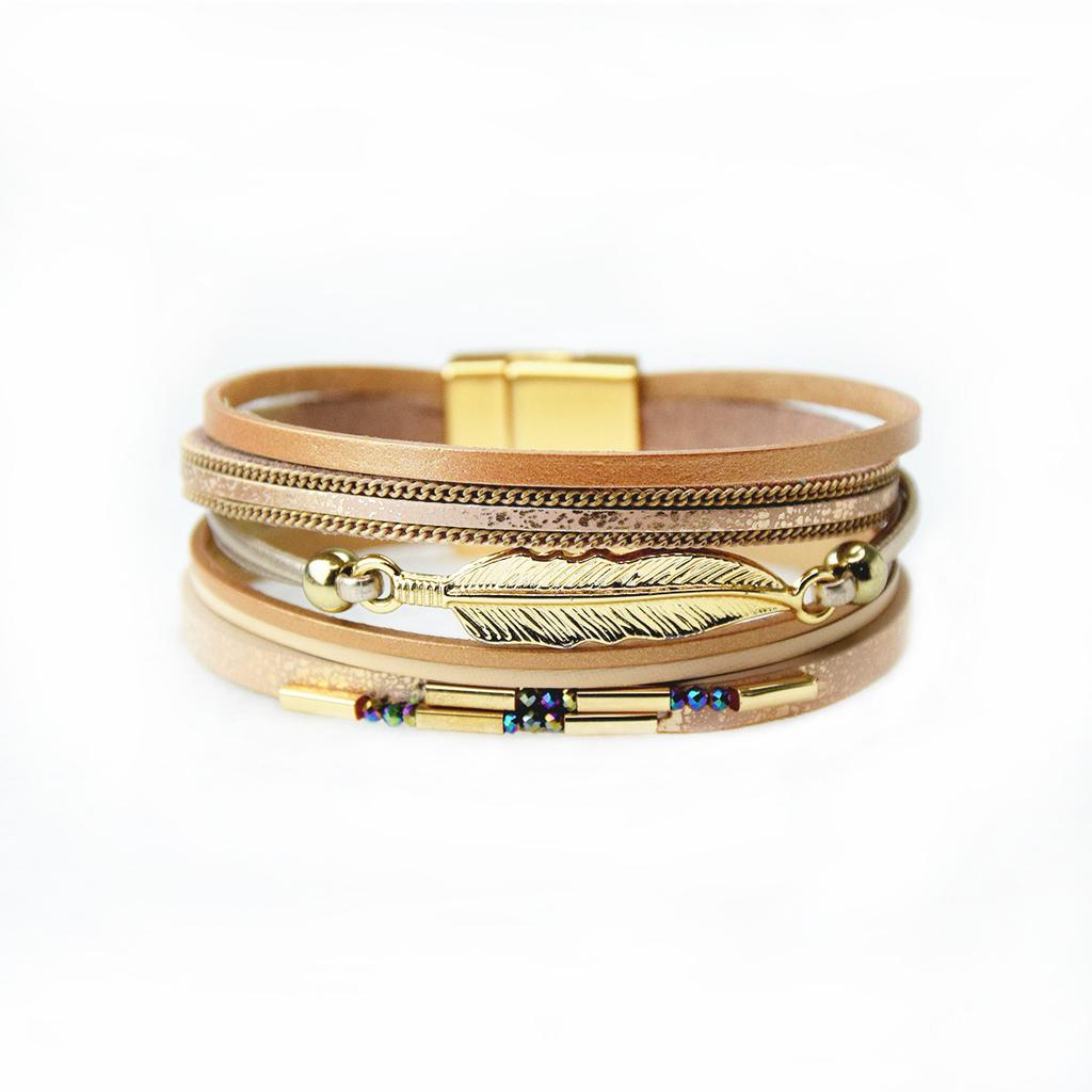 Bohemian Style Multi-layer PU Leather Bracelet Women's Leaf Magnet Buckle Jewelry Accessories