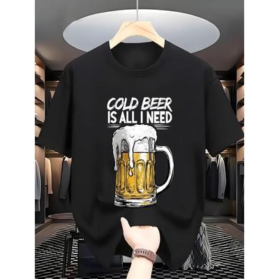 European Sizes Men's Lightweight Breathable Polyester Short-Sleeve T-Shirt with Beer Mug Graphic Print - Casual Round Neck Tee for Travel, Summer
