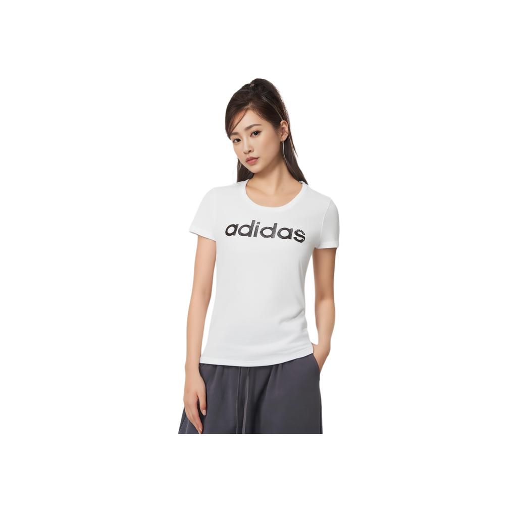 Adidas Color Block Letter Print Sports Fitness Short Sleeve T-Shirt Women Tops White EI4559
