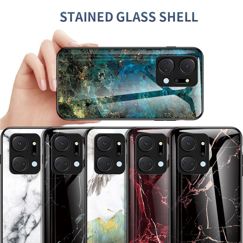 Cell Phone Case for Honor X7a 5G,Marble Pattern Tempered Glass+PC +TPU Phone Cover
