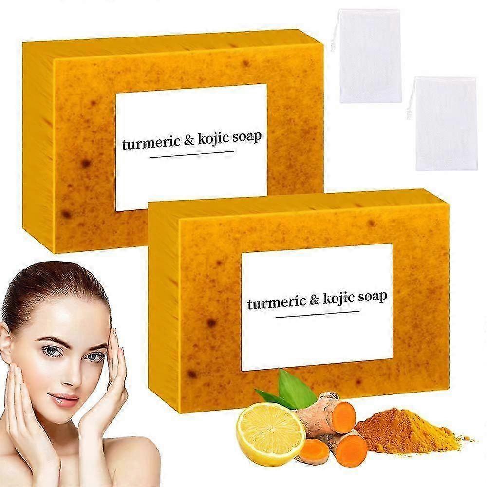 2pcs Lemon Turmeric Kojic Soap, Natural Handmade Soap, Turmeric Soap Bar for Face and Body, Smooth Skin Tumeric Soap, Deep Cleansing Soap 100g