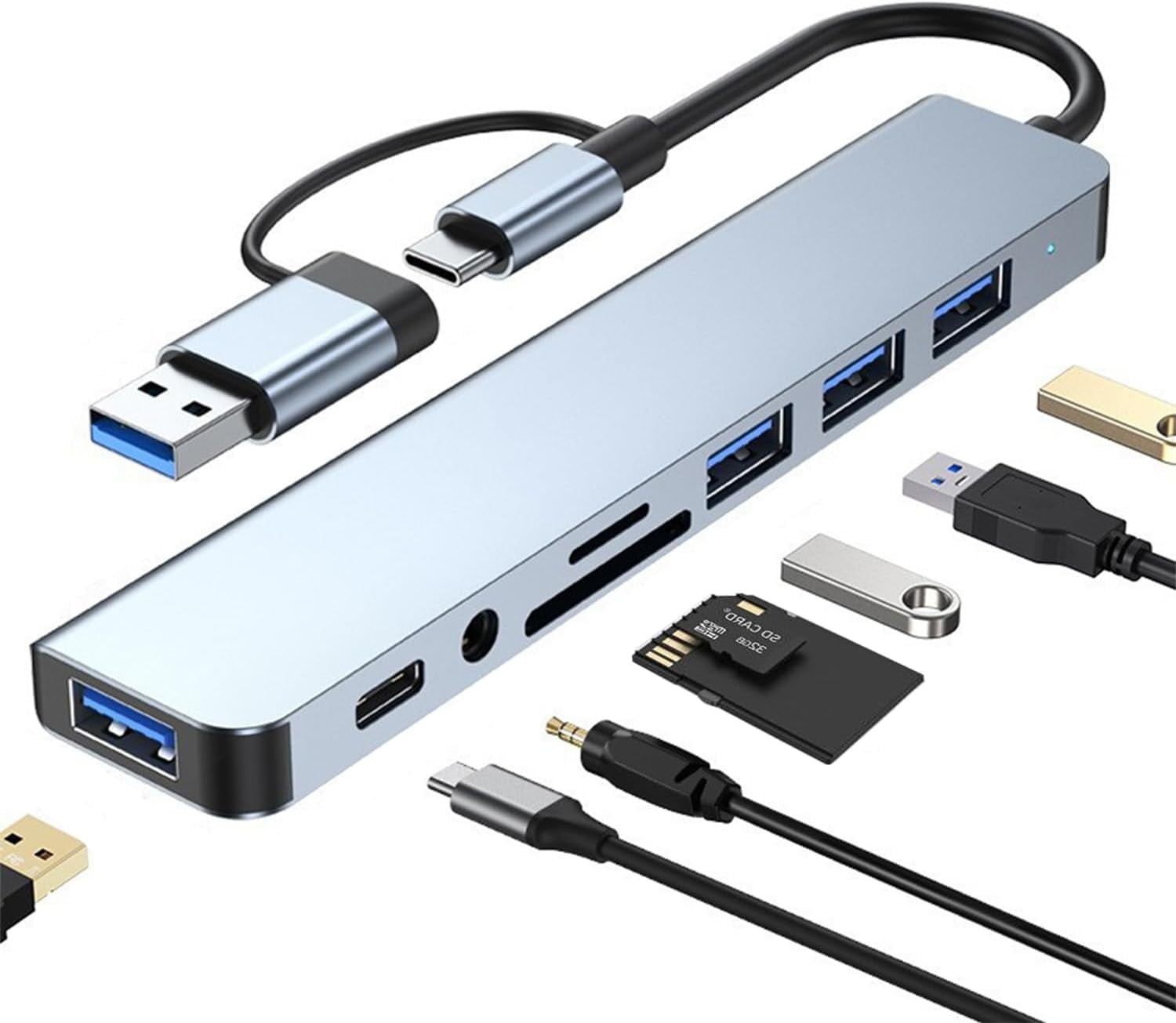 USB-C хаб-разветвитель 8 в 1, 4 порта USB, 1 разъем USB-C, кардридер TF/SD, аудиовыход 3,5 мм, совместим с MacBook Pro, iPad Pro, ноутбуками