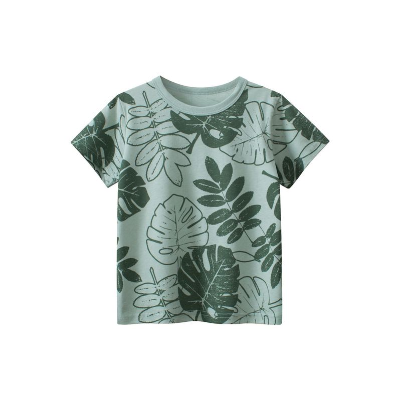 27Kids Children s Clothing Summer Kids Short Sleeve T-shirt Clothes Boys  Leaf Half Sleeve Bottoming Shirt Baby 100% Cotton Coat 9539 Waterfall Green/Leaves 90