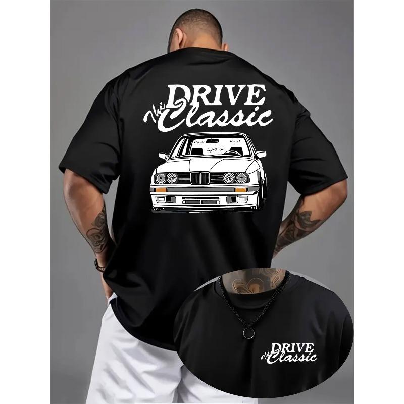 Men's Vintage Car Graphic & "DRIVE The Classic" Print Casual T-Shirt - Lightweight , Regular Fit, Machine Washable Summer Short Sleeve Tee