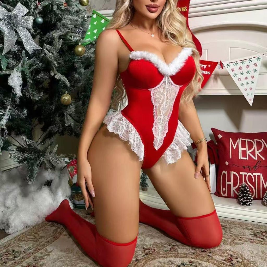 Christmas Lingerie: Sexy Bodysuit & Suspender Pajamas Set