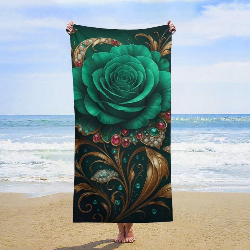 

erald Green Rose Beach Towel, Gold Baroque & Jewel Print, Luxury Art Design, Quick Dry Microfiber, Sand Free, Summer W40*H60(CM)
