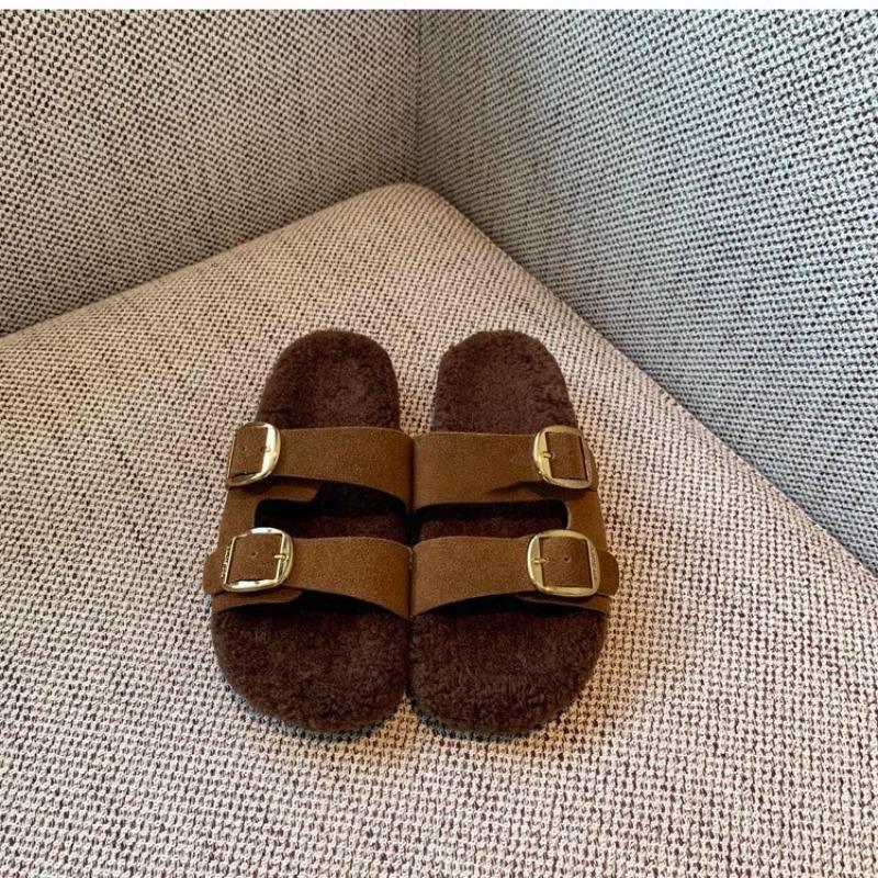 Retro belt buckle fluffy slippers women wear new thick bottom height increase one pedal lazy drag