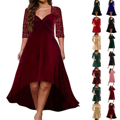 Modisches lässiges V-Ausschnitt-Kleid für Damen, Patchwork aus farbigen Pailletten und Perlen, A-Linie