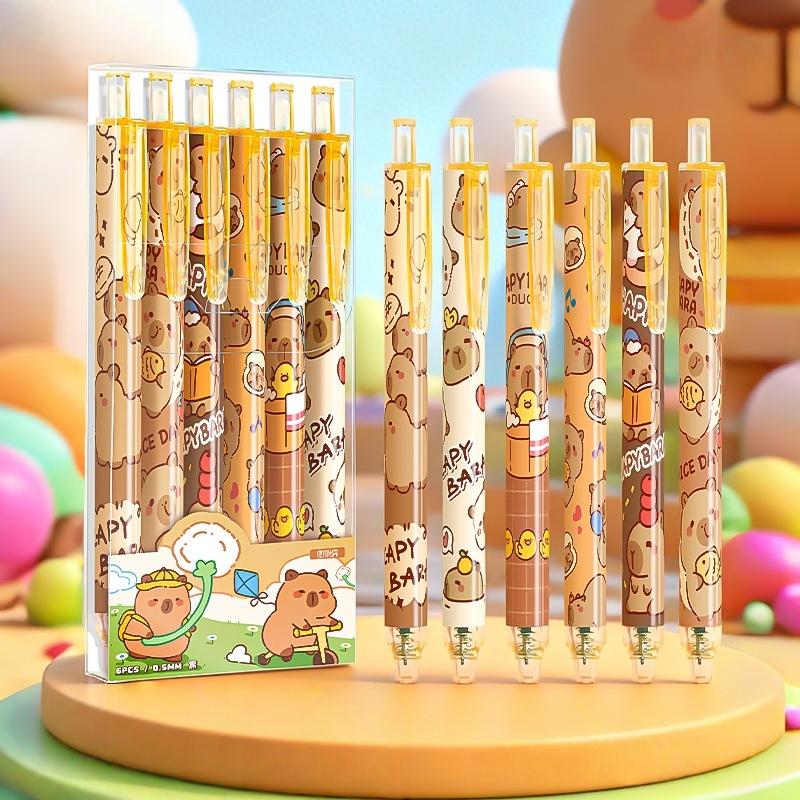 6Pcs Cartoon Cute Capybara Panda Gel Pens Kawaii Quick-Drying Writing Smooth Elegant Neutral Pens Student Stationery Gift