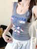 #Summer new sweet wind cartoon print splicing round neck vest female slim fixed with chest pad top