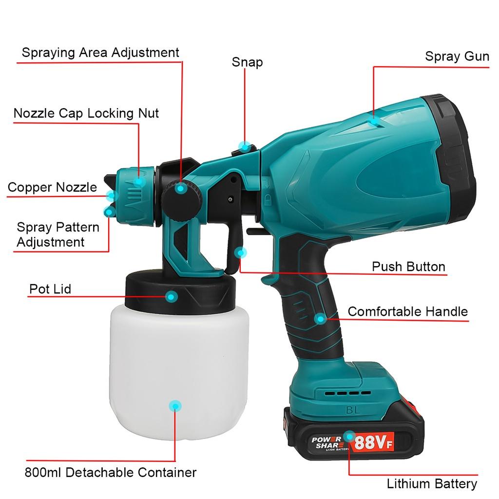1000W 800ML Cordless Electric Spray Guns with 3Nozzle Flow Control Airbrush High Power Paint Sprayer For 18V Battery