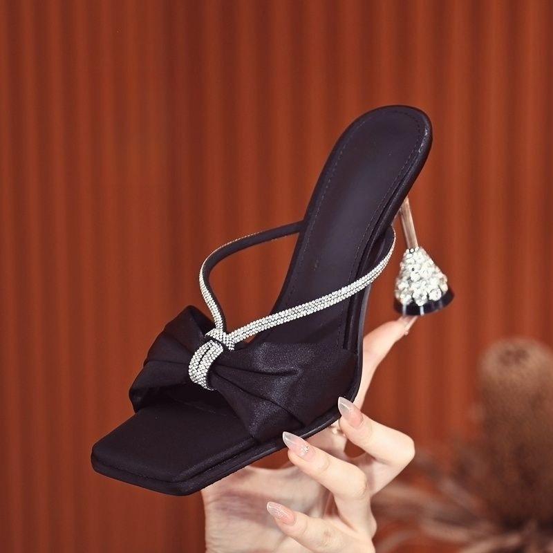 Fashion Satin Heeled Women's Shoes Summer New Square Toe Open Toe Bow Rhinestone Anti-slip Wear-resistant Outer Wear Slippers