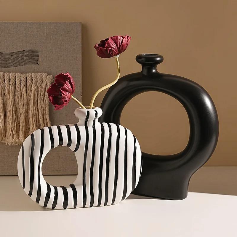 Zebra Stripes Ceramic Vase Artificial Flower Decorative Flowers Pots Desk Decoration Modern Floral Vases Room Aesthetic Decor