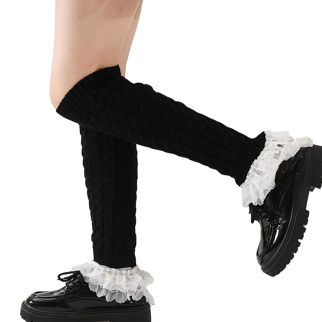 Aesthetic Elegant Layered Ruffled Lace Trim Leg Warmer for Women Japanese Cable Knit Leg Sleeve Covers Knee Length Socks