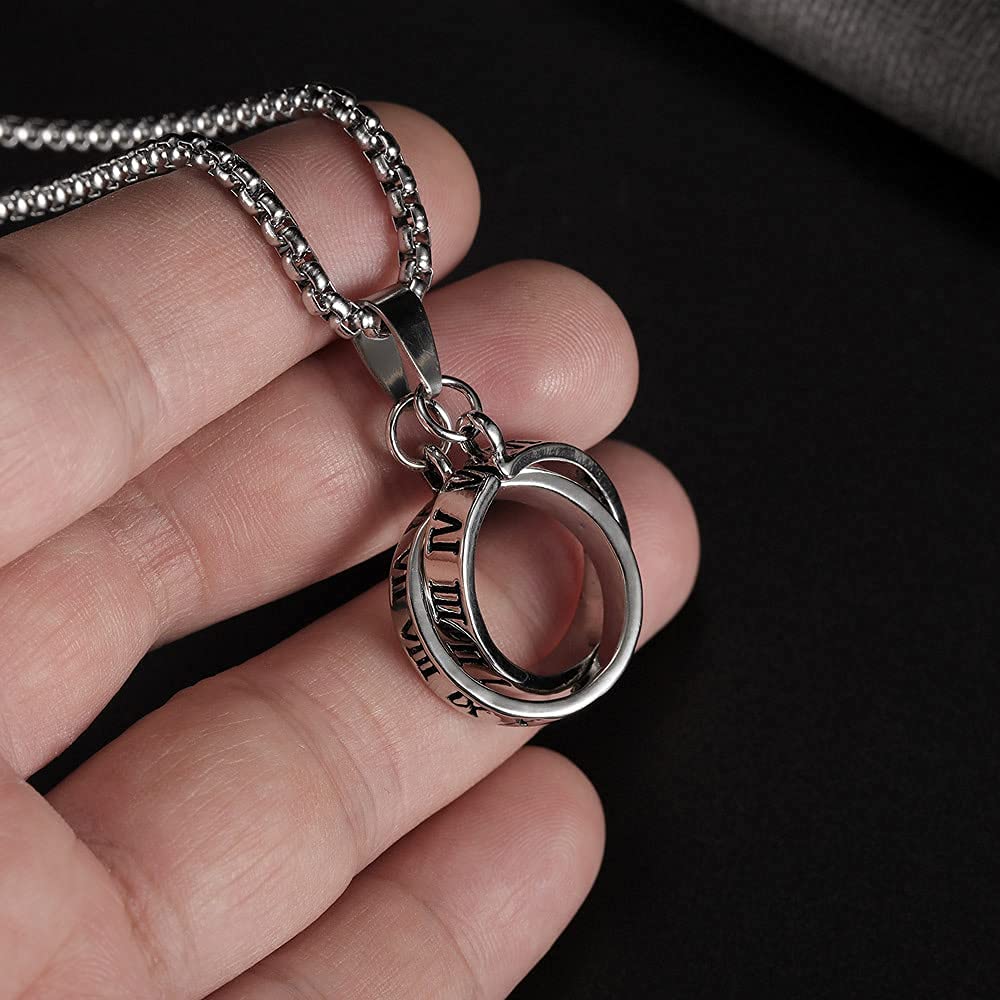 [Rockyu] Necklace for Men and Women, Unisex, Silver Stainless Steel, Simple, Clavicle Chain, Round Ring Necklace, Roman Numeral Engraving, Double Ring