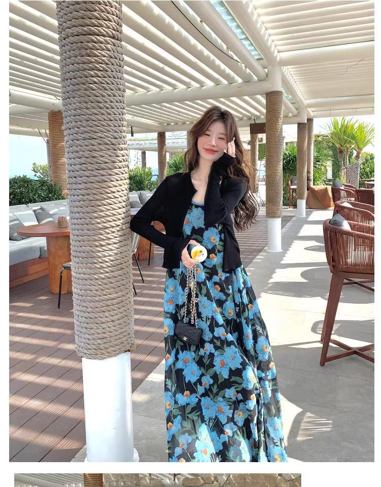 Blue Floral Strappy Chiffon Dress - Women's 2026 Summer Elegant Beach Style