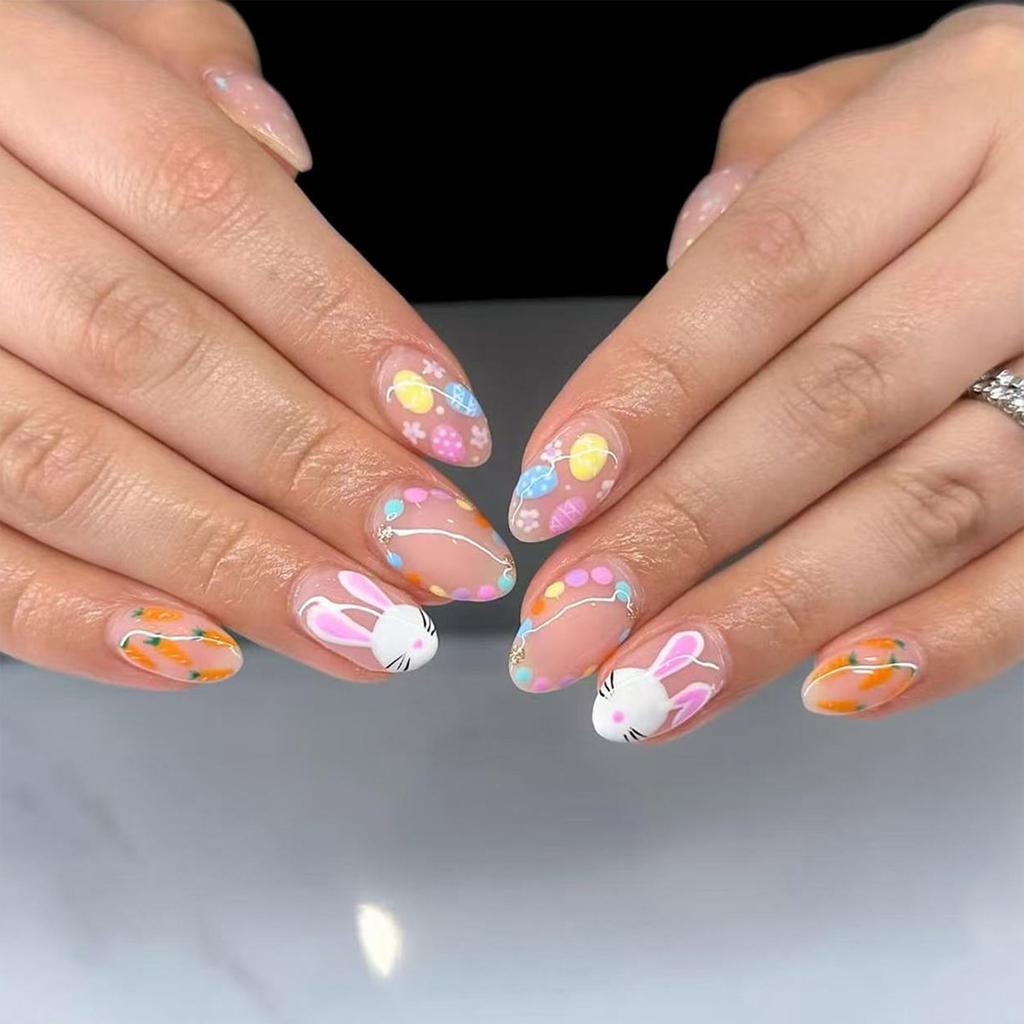 Short Oval False Nails Easter Style Bunny Carrot for Party Holiday Decoration